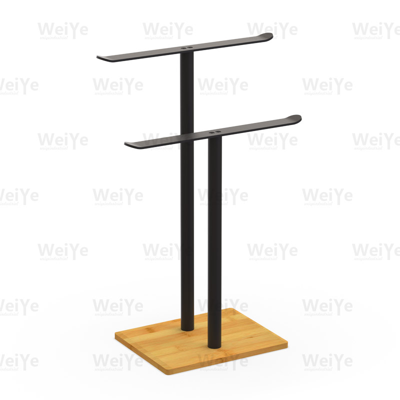 落地毛巾架桌上T形扁铁竹底双杆毛巾架